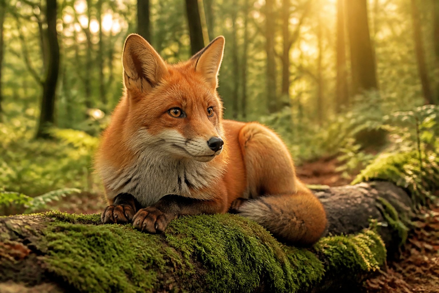 A red fox resting on a mossy log in a forest with green plants and sunlight filtering through the trees.