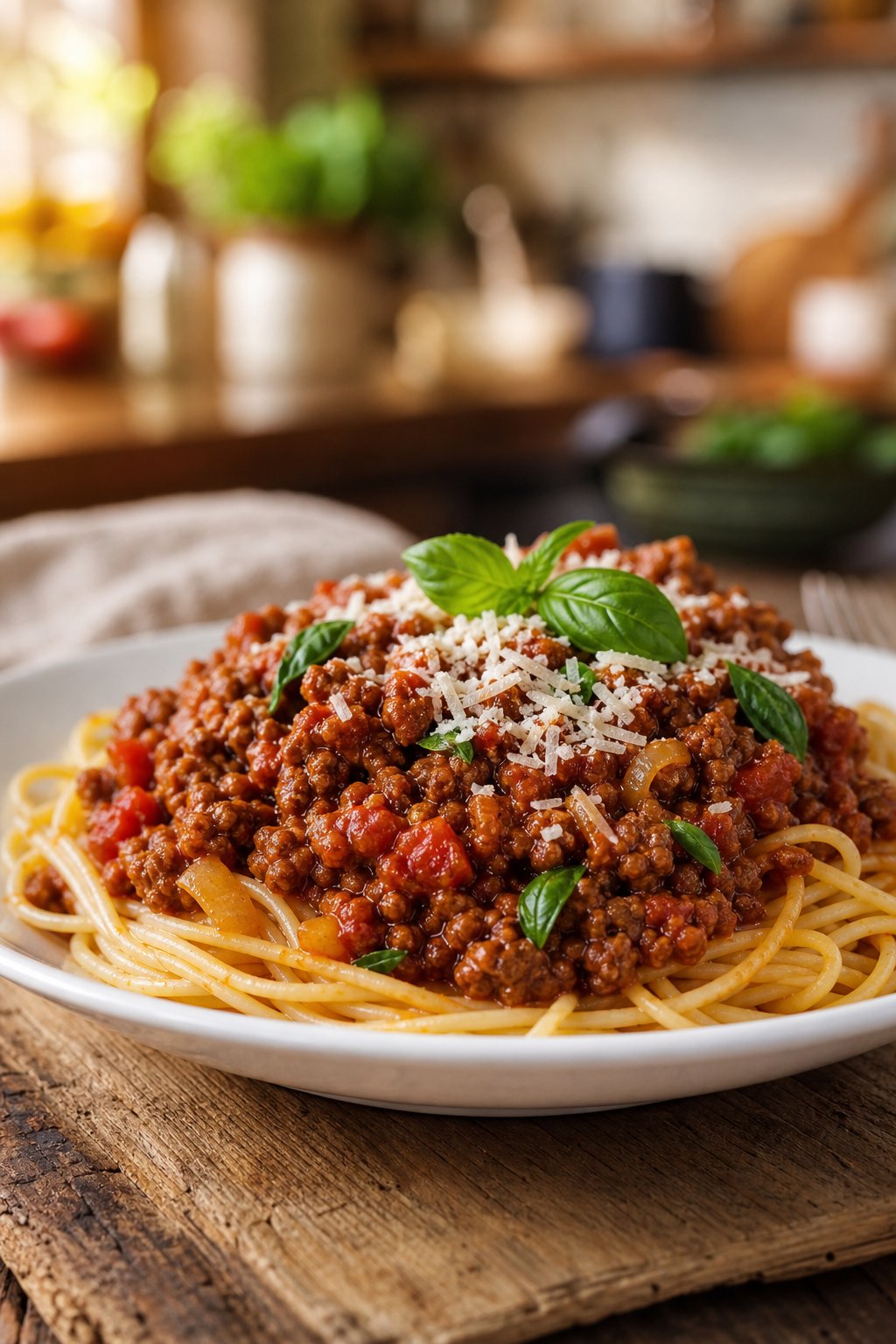 17 Easy Ground Beef Recipes That Taste Like Restaurant Quality: Simple Dishes for Delicious Meals 8 A plate of beef Bolognese sauce served over pasta with fresh basil and grated cheese on a wooden table.