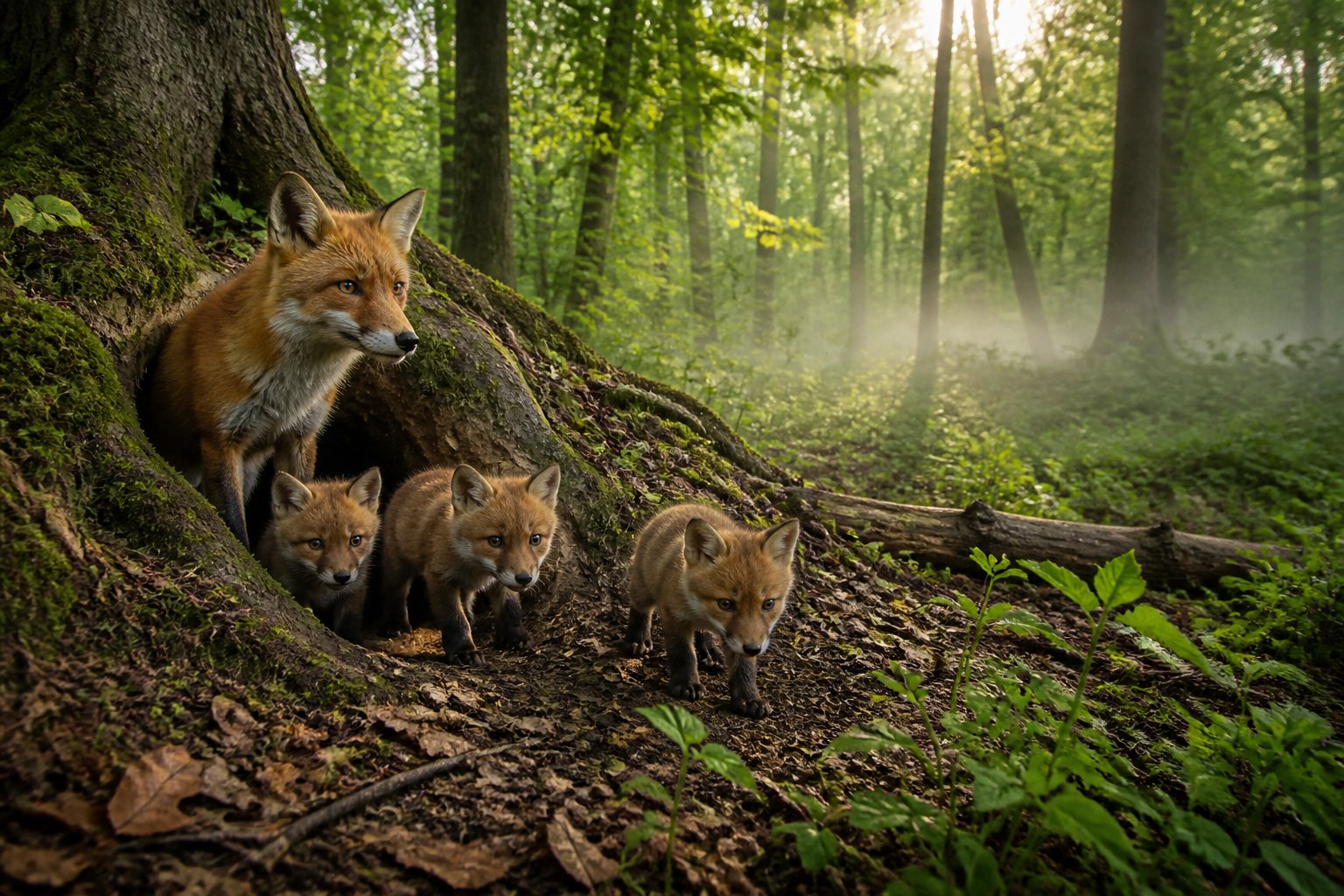 A mother fox watches three fox cubs as they step out of a den in a forest at dawn.