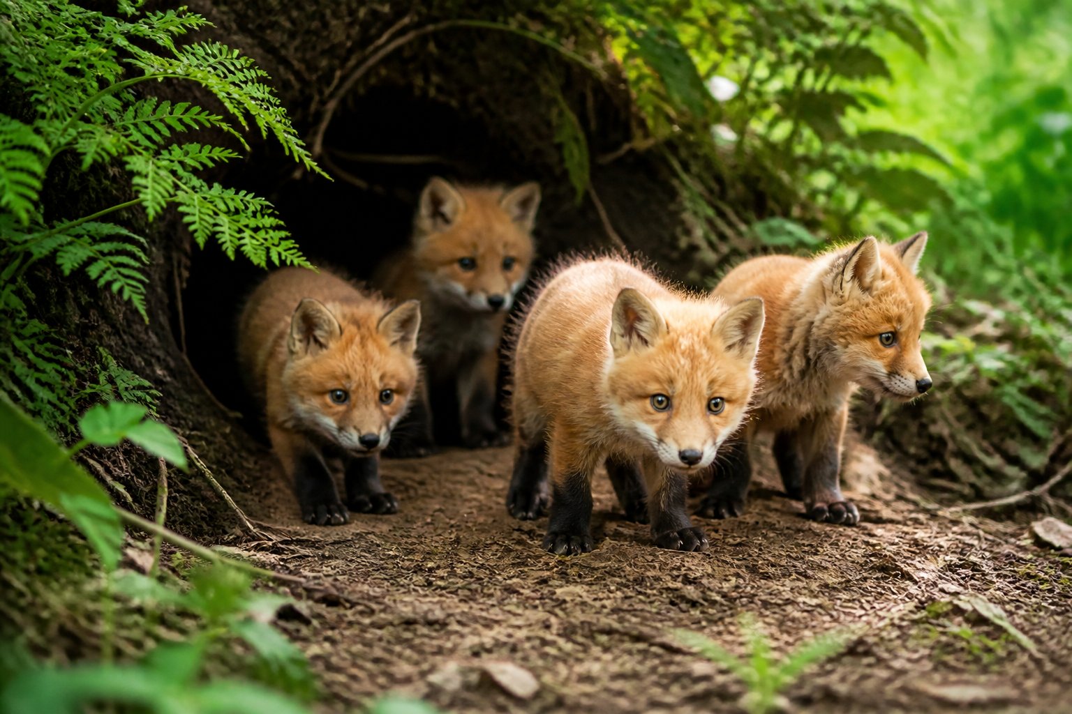 Young fox cubs cautiously emerging from their den in a green forest setting.