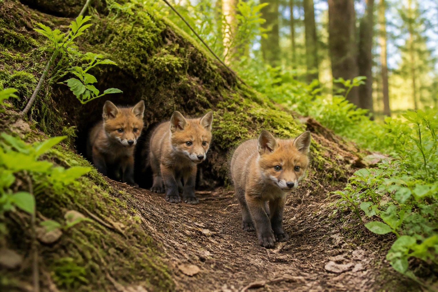 Several young fox cubs cautiously emerging from a den in a forest clearing surrounded by trees and foliage.