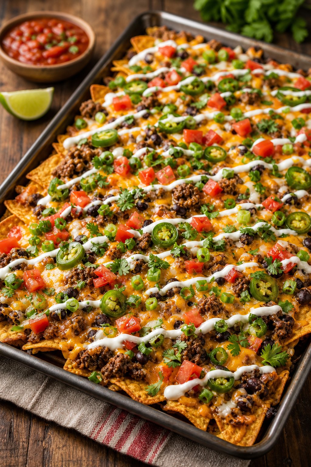 17 Easy Ground Beef Recipes That Taste Like Restaurant Quality: Simple Dishes for Delicious Meals 9 A sheet pan filled with baked Tex-Mex nachos topped with melted cheese, ground beef, beans, jalapeños, tomatoes, and green onions.