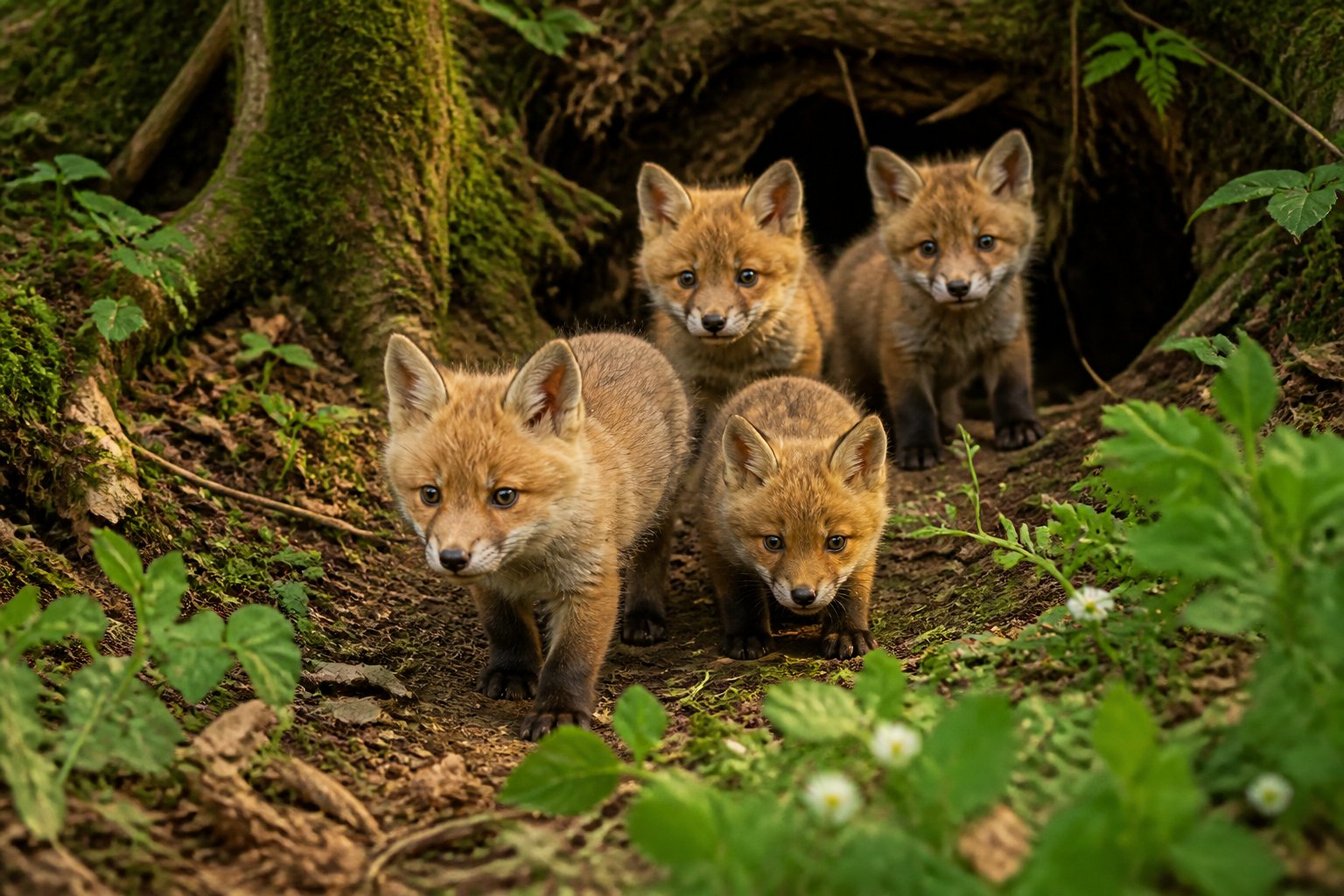 A group of young fox cubs emerging from a forest den surrounded by green foliage and soft natural light.