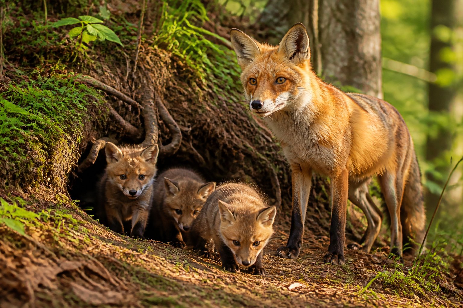 A fox family with cubs emerging cautiously from a den in a forest setting during morning light.