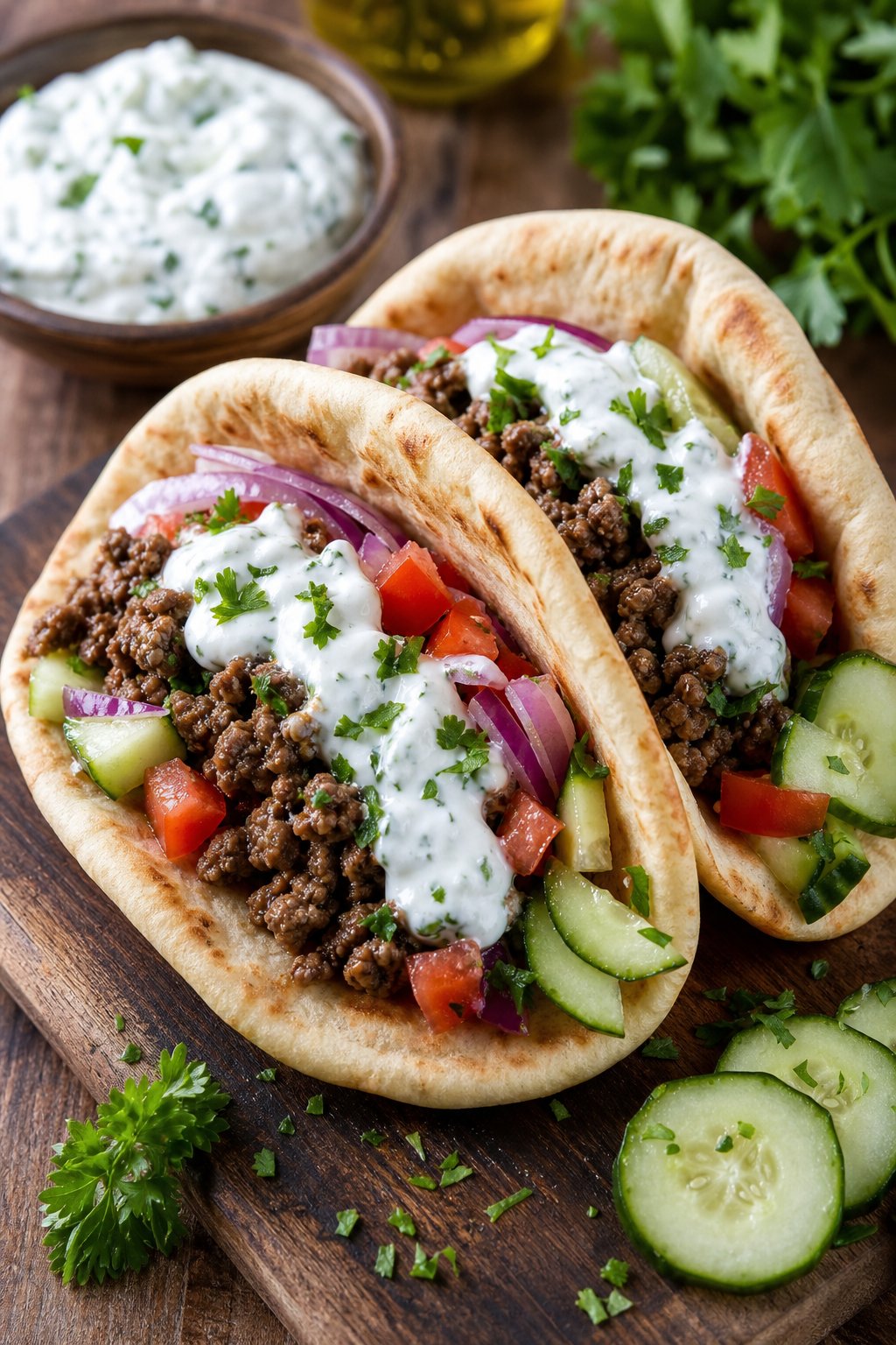 17 Easy Ground Beef Recipes That Taste Like Restaurant Quality: Simple Dishes for Delicious Meals 10 Close-up of pita bread sandwiches filled with spiced ground beef, fresh vegetables, and creamy tzatziki sauce on a wooden surface.