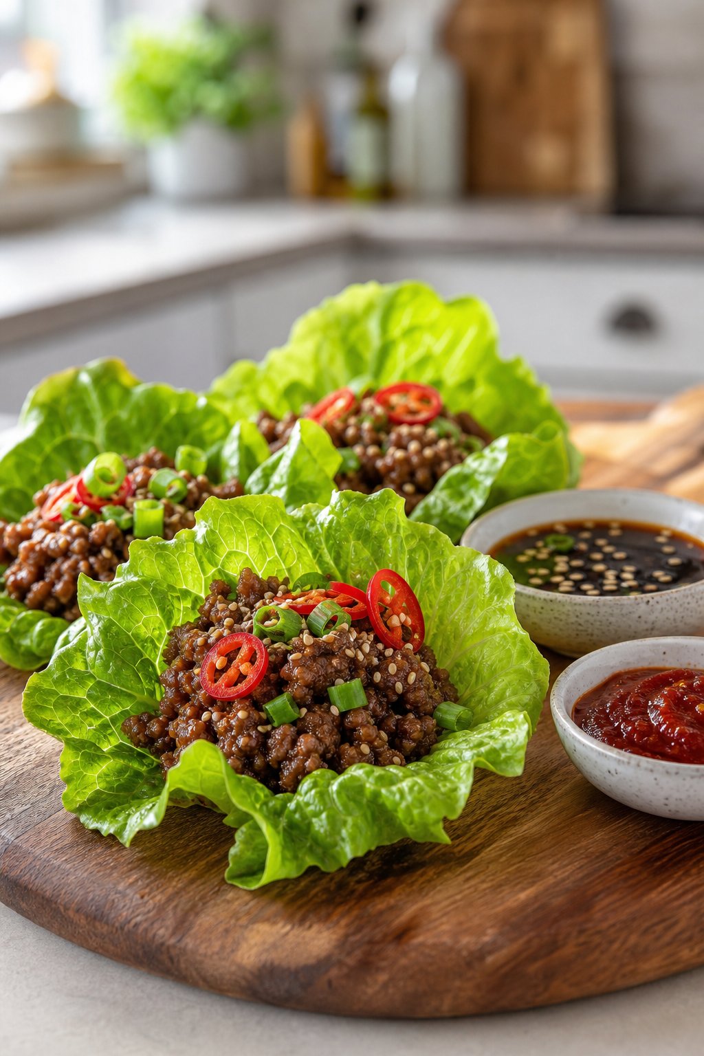 17 Easy Ground Beef Recipes That Taste Like Restaurant Quality: Simple Dishes for Delicious Meals 11 A platter of crispy Korean beef lettuce wraps with garnishes and dipping sauces on a wooden surface.