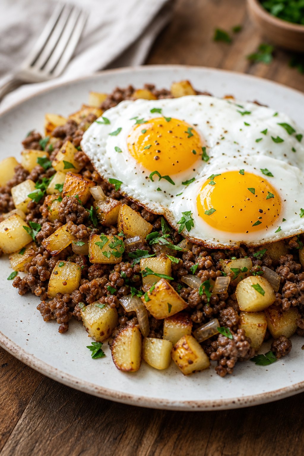 17 Easy Ground Beef Recipes That Taste Like Restaurant Quality: Simple Dishes for Delicious Meals 12 A plate of beef and potato hash topped with two fried eggs on a wooden table.