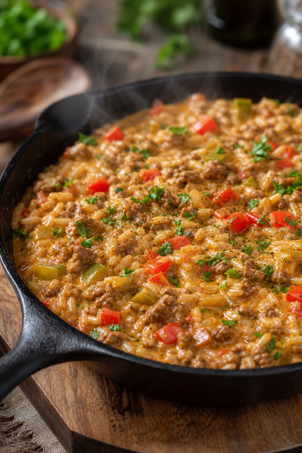 17 Easy Ground Beef Recipes That Taste Like Restaurant Quality: Simple Dishes for Delicious Meals 13 A skillet filled with creamy Cajun beef and rice garnished with chopped parsley on a wooden table.