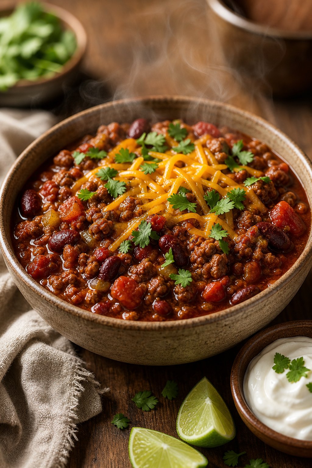 17 Easy Ground Beef Recipes That Taste Like Restaurant Quality: Simple Dishes for Delicious Meals 14 A bowl of slow-simmered beef chili with beans, cheese, and cilantro on a wooden table with sour cream and lime wedges nearby.