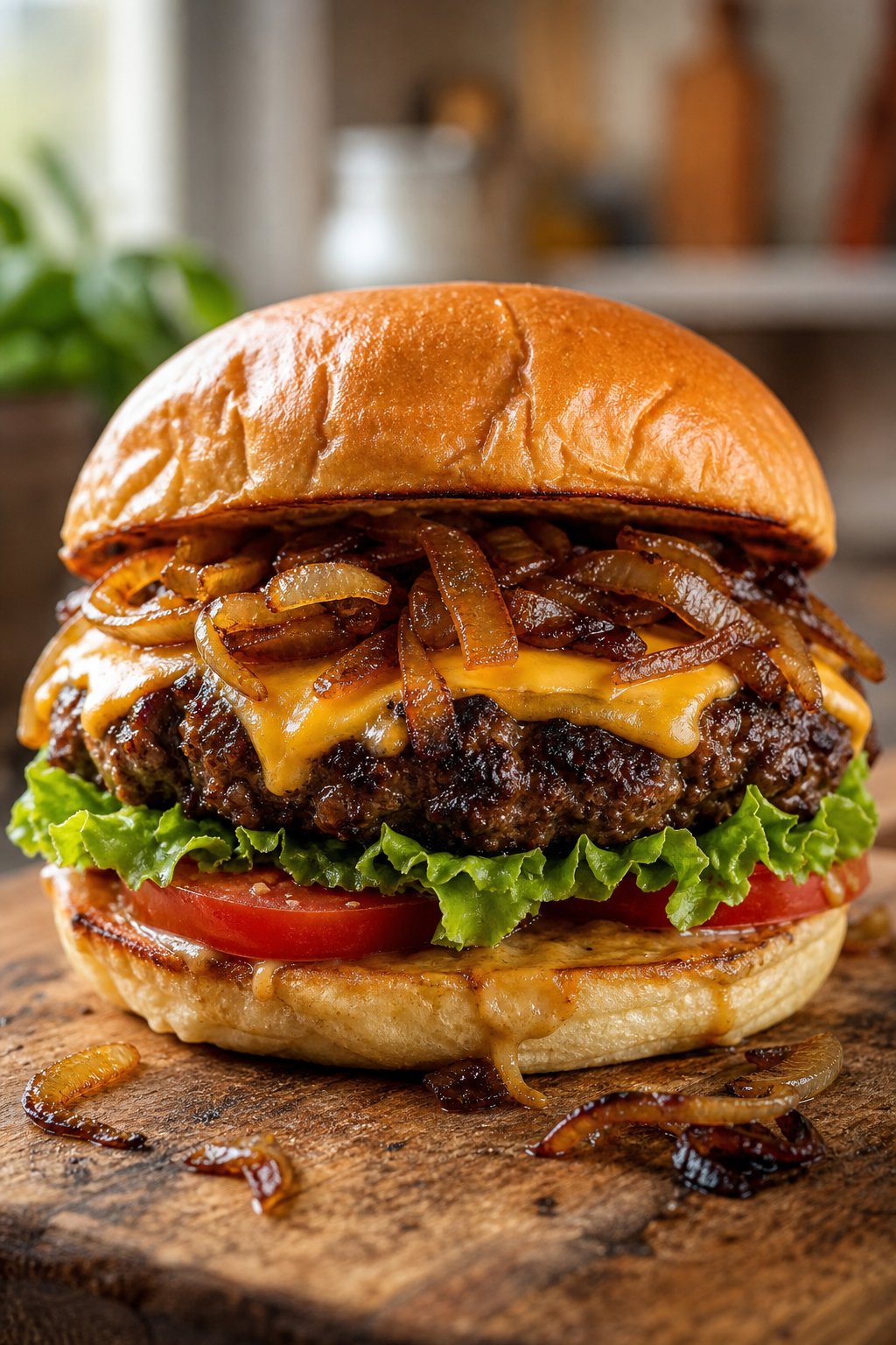 17 Easy Ground Beef Recipes That Taste Like Restaurant Quality: Simple Dishes for Delicious Meals 15 A homemade smash burger topped with caramelized onions, cheese, lettuce, and tomato on a wooden surface.