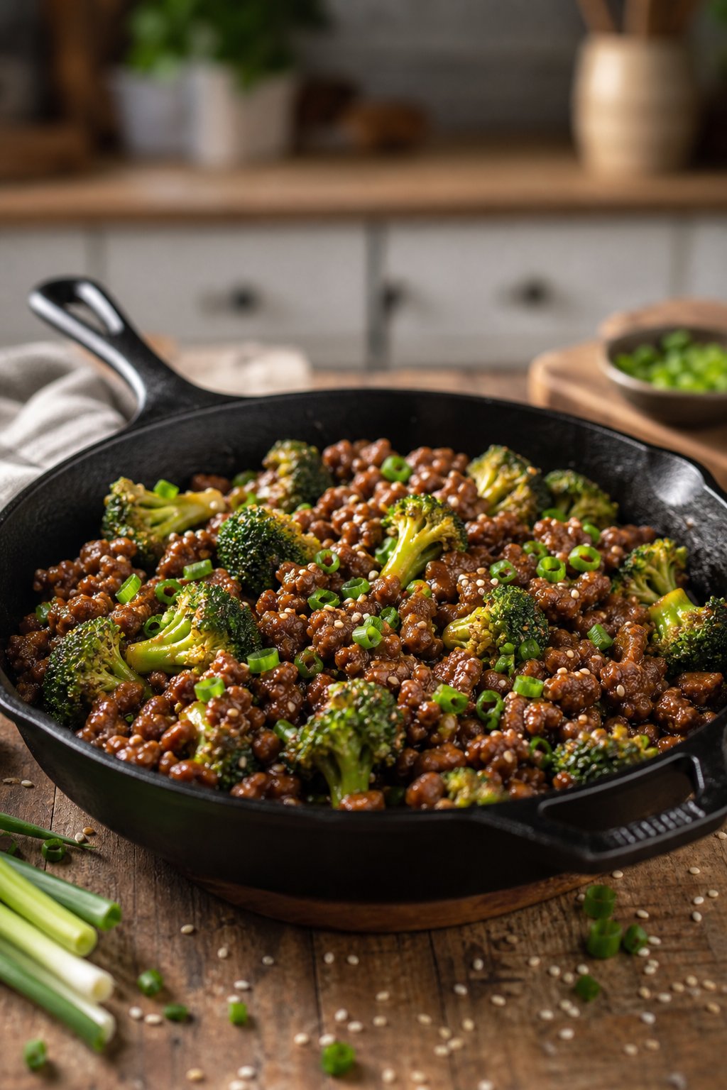 17 Easy Ground Beef Recipes That Taste Like Restaurant Quality: Simple Dishes for Delicious Meals 16 A skillet filled with cooked ground beef and broccoli coated in hoisin sauce on a wooden table.
