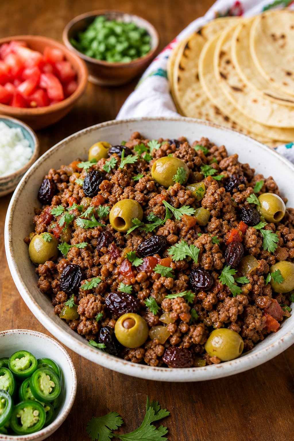 17 Easy Ground Beef Recipes That Taste Like Restaurant Quality: Simple Dishes for Delicious Meals 17 A bowl of Mexican picadillo with ground beef, raisins, and olives, served with corn tortillas and fresh garnishes on a wooden table.