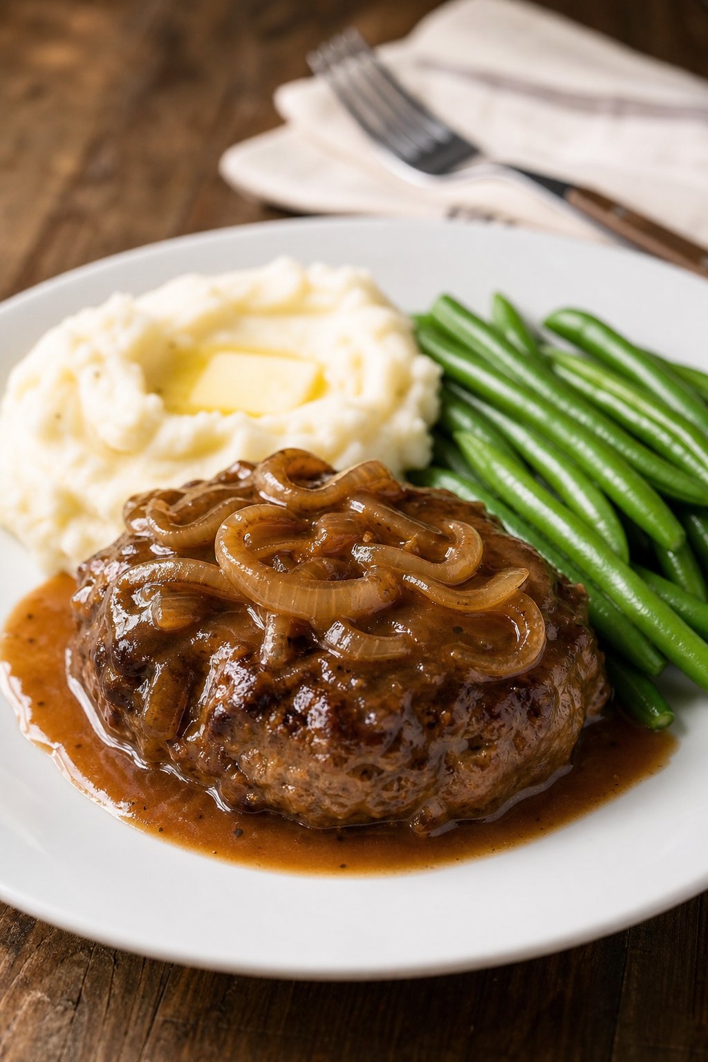 17 Easy Ground Beef Recipes That Taste Like Restaurant Quality: Simple Dishes for Delicious Meals 18 A plate of Salisbury steak with onion gravy, mashed potatoes, and green beans on a wooden table.