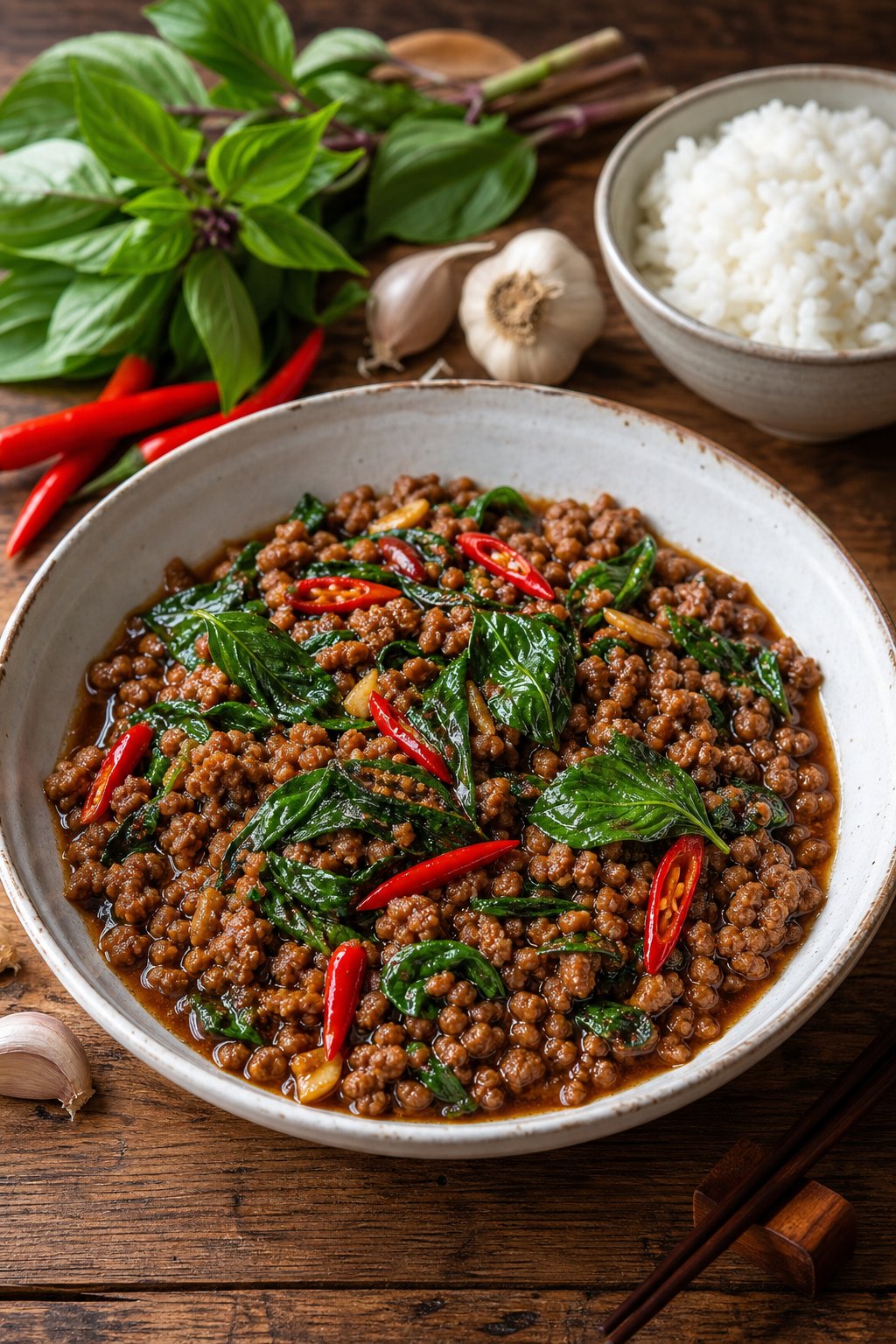 17 Easy Ground Beef Recipes That Taste Like Restaurant Quality: Simple Dishes for Delicious Meals 19 A bowl of Thai Basil Beef with ground beef, green basil leaves, and red chili peppers, served with steamed rice on a wooden table.