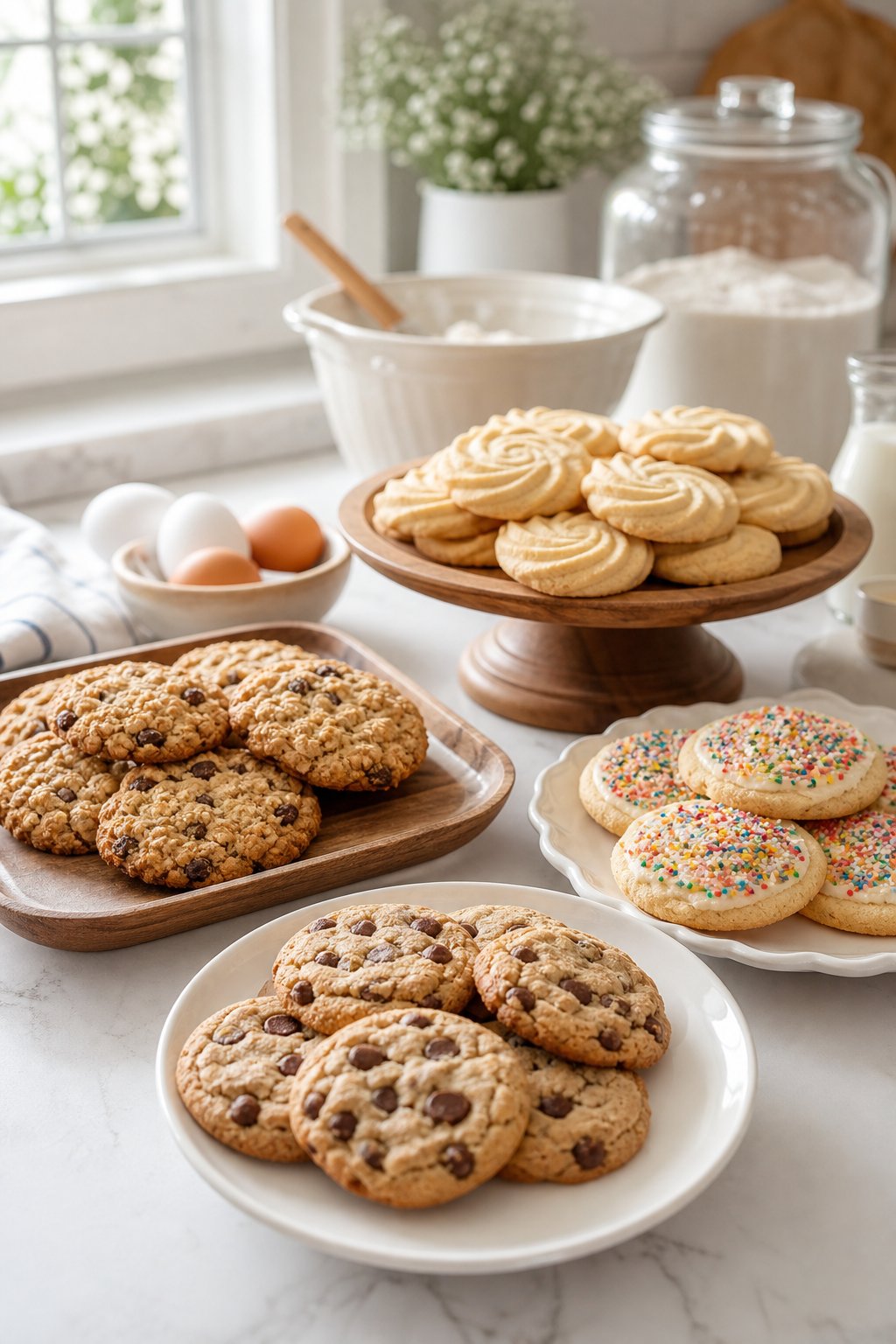 16 Easy Cookie Recipes That Never Disappoint: Simple Treats for Every Occasion 2 Assorted freshly baked cookies displayed on plates and trays in a bright kitchen with baking ingredients in the background.