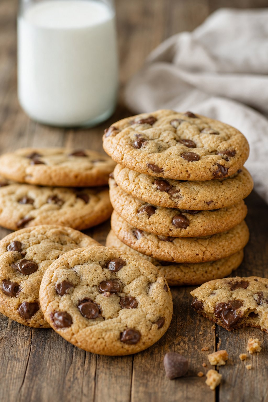 16 Easy Cookie Recipes That Never Disappoint: Simple Treats for Every Occasion 3 A close-up of freshly baked chocolate chip cookies on a wooden table with a glass of milk in the background.