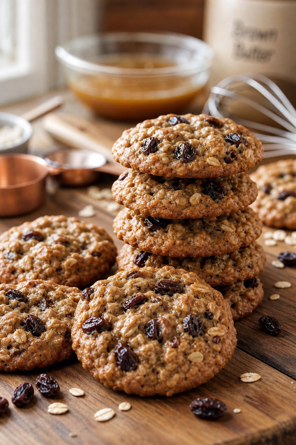 16 Easy Cookie Recipes That Never Disappoint: Simple Treats for Every Occasion 4 A close-up of freshly baked oatmeal raisin cookies arranged on a wooden surface with baking tools blurred in the background.
