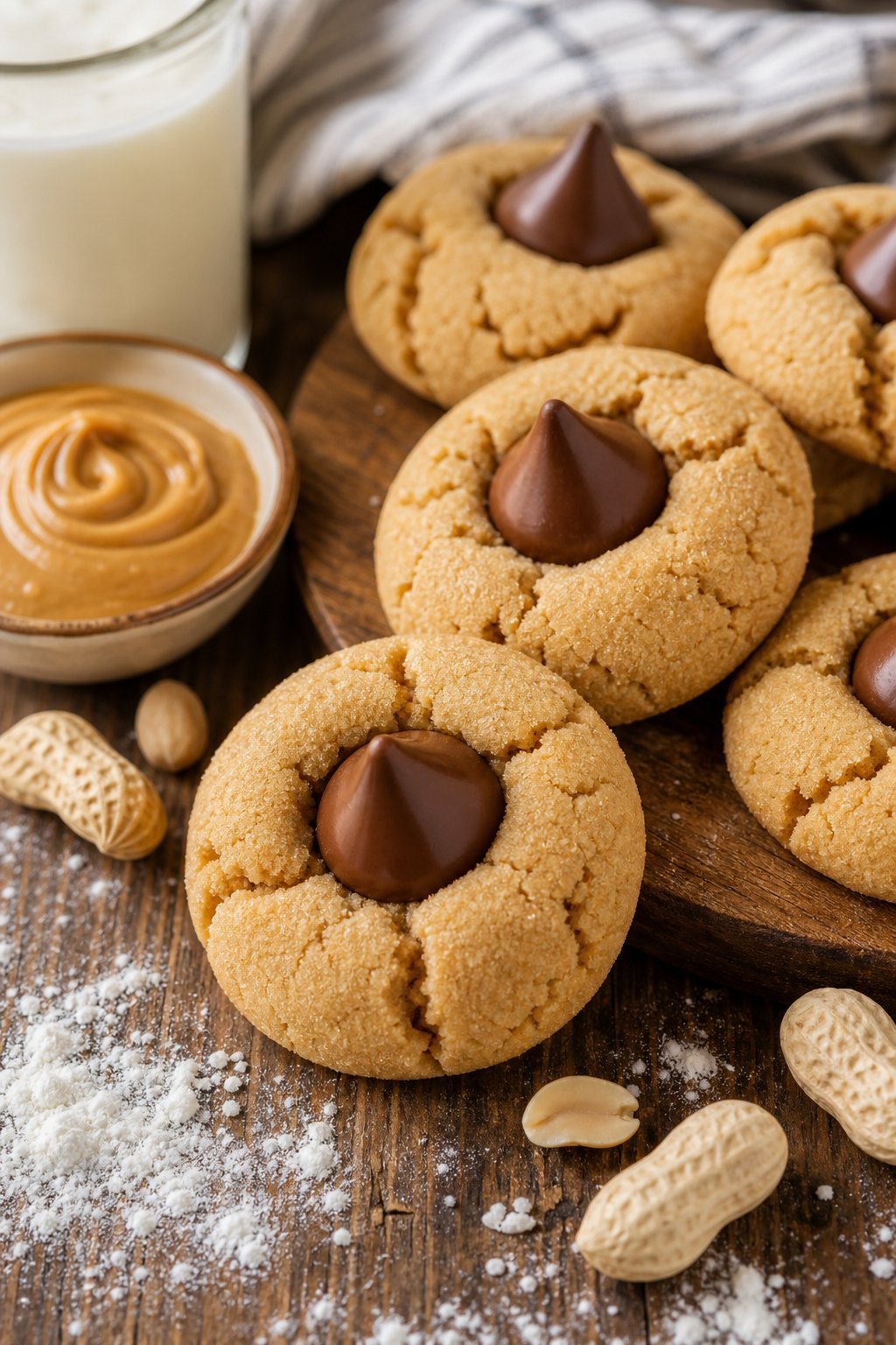 16 Easy Cookie Recipes That Never Disappoint: Simple Treats for Every Occasion 5 A plate of freshly baked peanut butter blossom cookies topped with chocolate kisses on a wooden table with baking ingredients nearby.