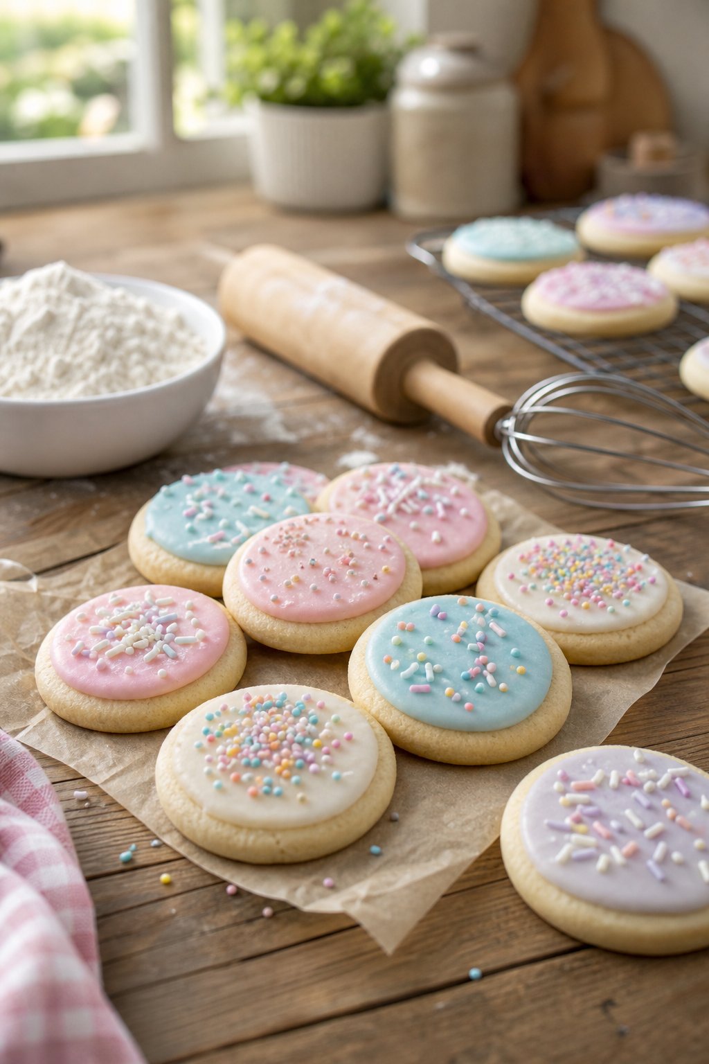 16 Easy Cookie Recipes That Never Disappoint: Simple Treats for Every Occasion 6 A wooden table with round no-spread sugar cookies decorated with pastel icing and sprinkles, surrounded by baking tools and ingredients.