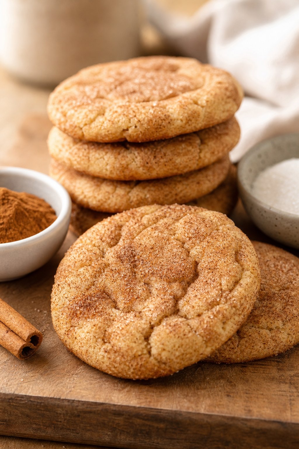 16 Easy Cookie Recipes That Never Disappoint: Simple Treats for Every Occasion 7 Close-up of freshly baked snickerdoodle cookies coated in cinnamon sugar on a wooden surface with cinnamon and sugar bowls nearby.