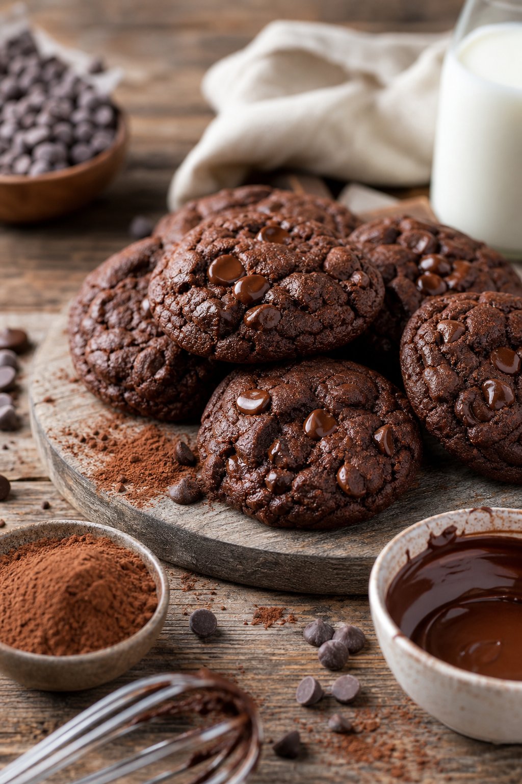 16 Easy Cookie Recipes That Never Disappoint: Simple Treats for Every Occasion 8 Freshly baked double chocolate cookies on a wooden surface with baking ingredients and a glass of milk in the background.
