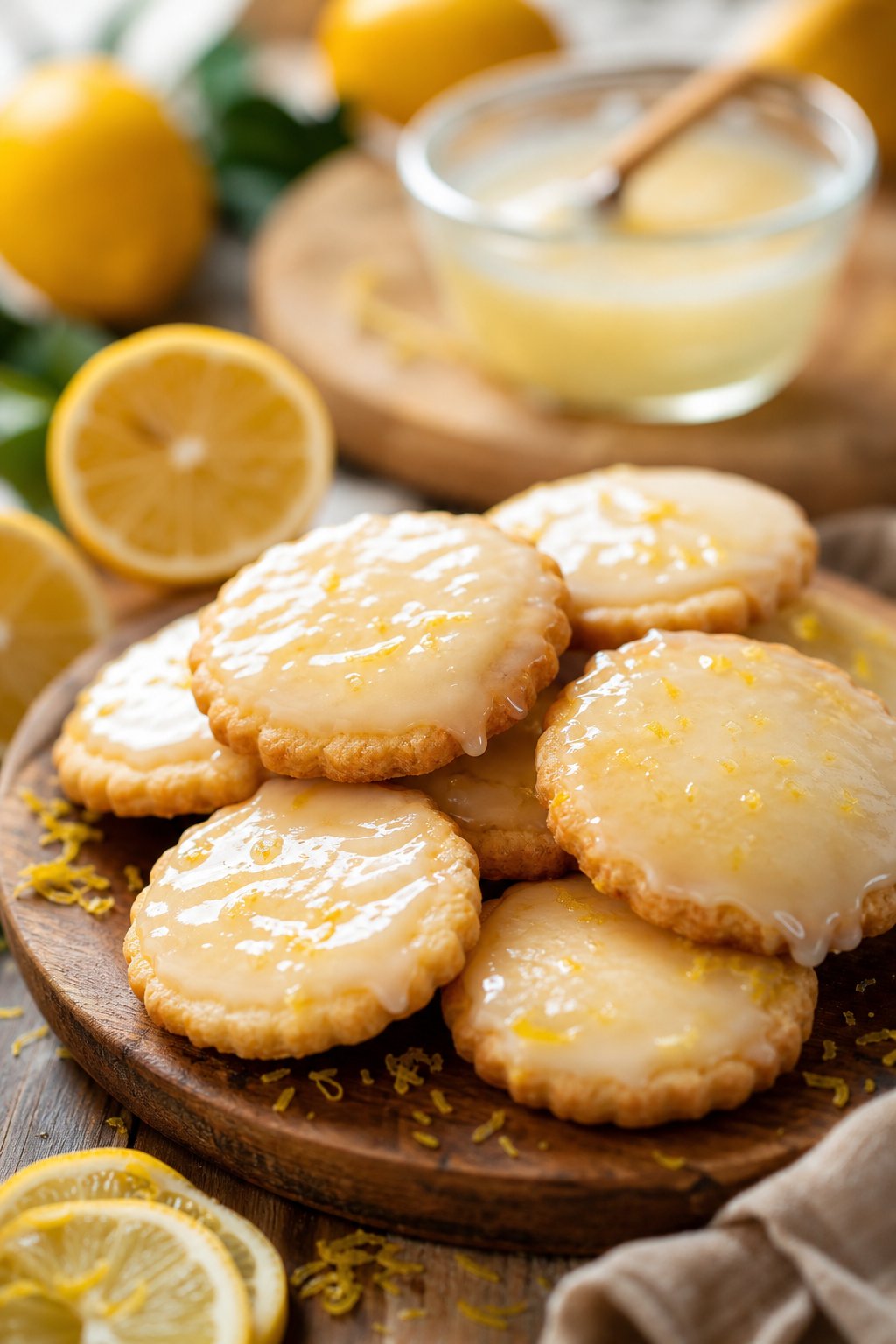 16 Easy Cookie Recipes That Never Disappoint: Simple Treats for Every Occasion 9 A close-up of lemon-glaze shortbread cookies on a wooden platter with fresh lemon slices and a bowl of lemon glaze nearby.