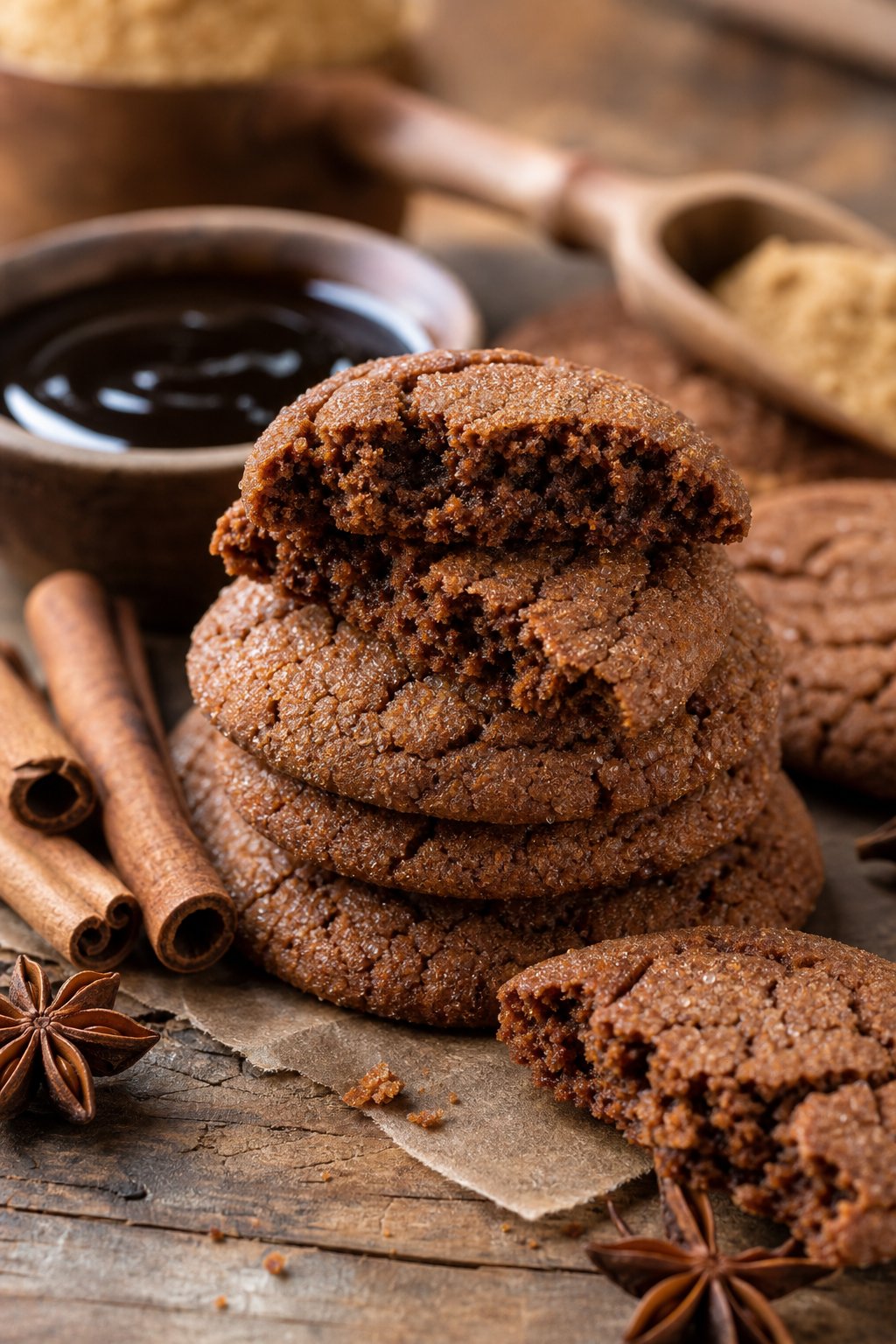 16 Easy Cookie Recipes That Never Disappoint: Simple Treats for Every Occasion 10 A stack of soft molasses cookies on a wooden surface with cinnamon sticks and molasses nearby.