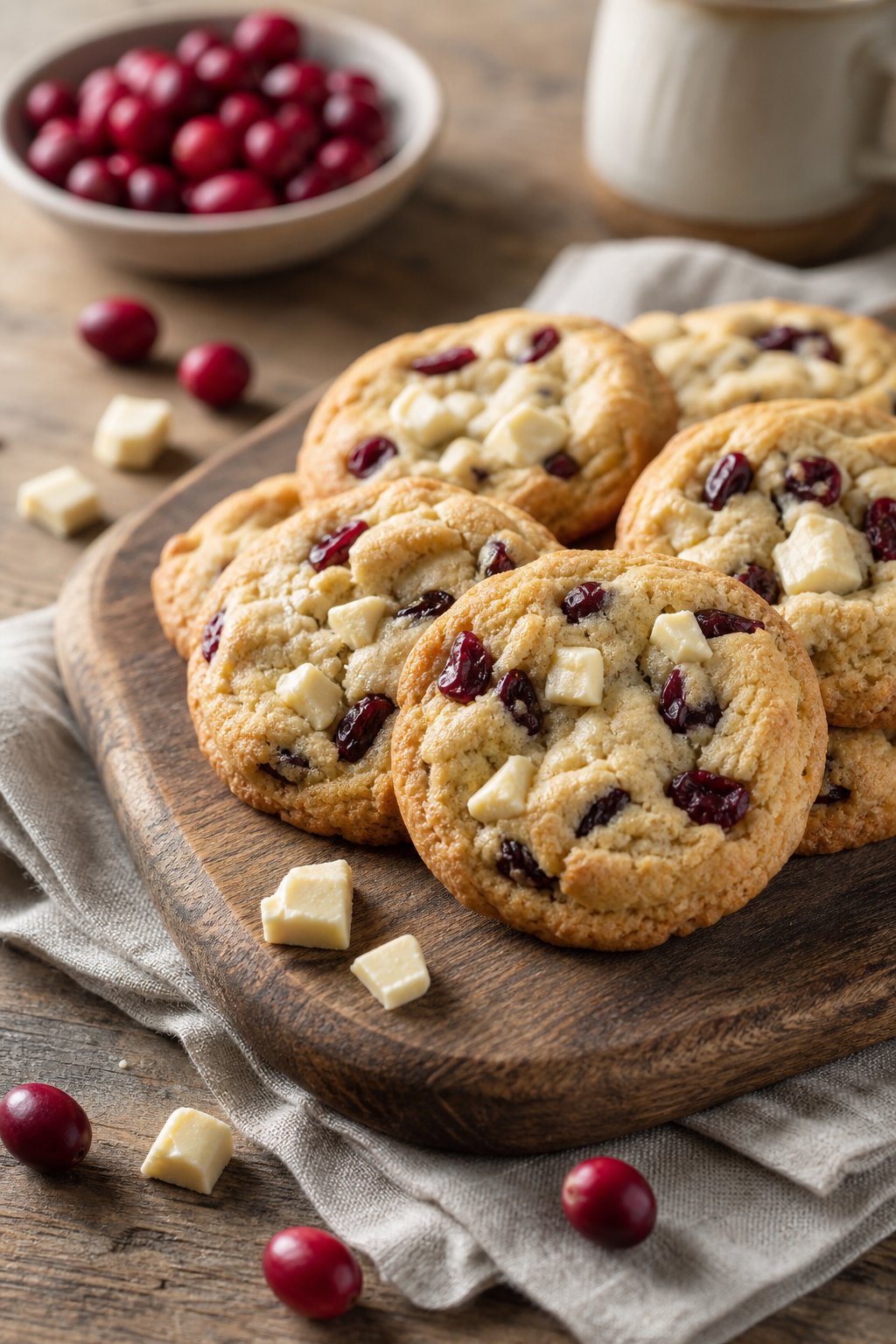 16 Easy Cookie Recipes That Never Disappoint: Simple Treats for Every Occasion 11 A close-up of cranberry white chocolate cookies on a wooden board with cranberries and white chocolate pieces around them.