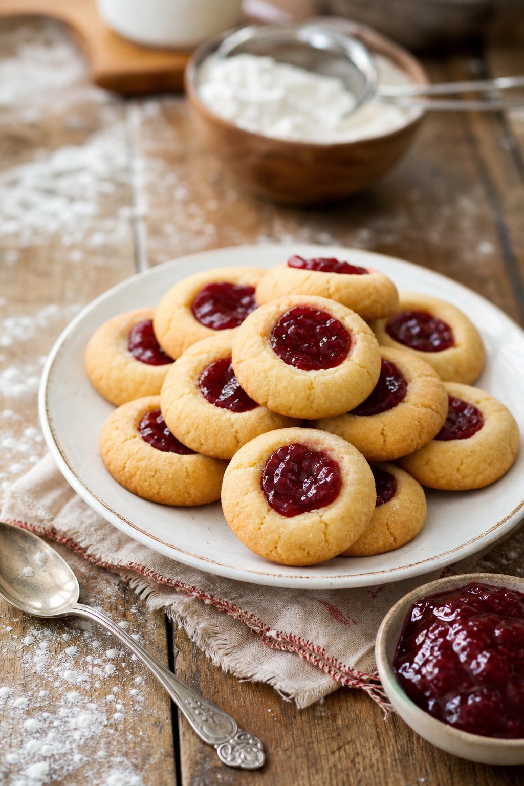 16 Easy Cookie Recipes That Never Disappoint: Simple Treats for Every Occasion 12 A plate of golden thumbprint jam cookies on a wooden table with jam and baking ingredients nearby.