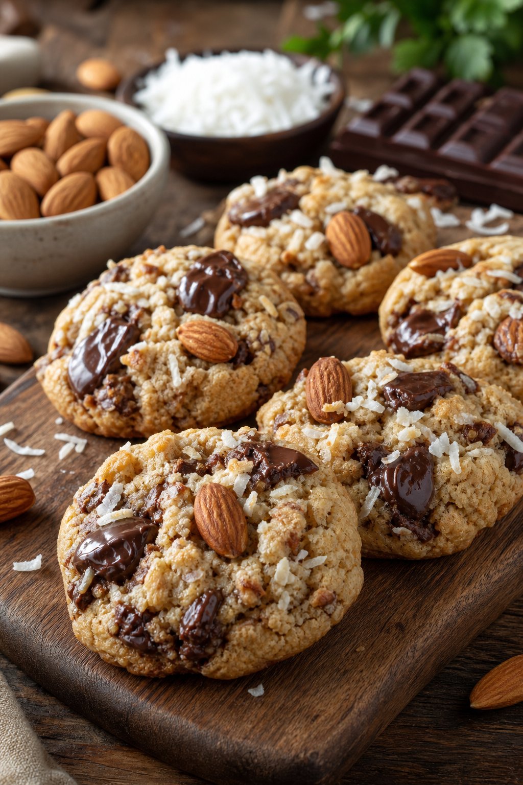 16 Easy Cookie Recipes That Never Disappoint: Simple Treats for Every Occasion 13 A close-up of freshly baked cookies with coconut, almonds, and chocolate on a wooden board in a kitchen setting.