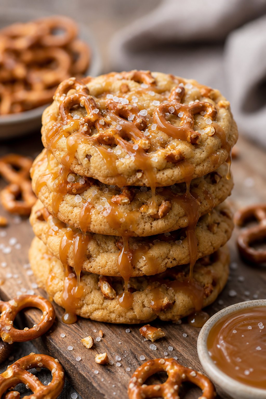 16 Easy Cookie Recipes That Never Disappoint: Simple Treats for Every Occasion 14 A stack of salted caramel pretzel cookies on a wooden surface with pretzels and caramel sauce nearby.