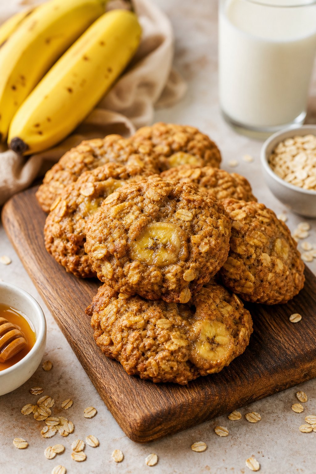 16 Easy Cookie Recipes That Never Disappoint: Simple Treats for Every Occasion 15 Close-up of banana oat breakfast cookies on a wooden board surrounded by bananas, oats, honey, and a glass of milk.