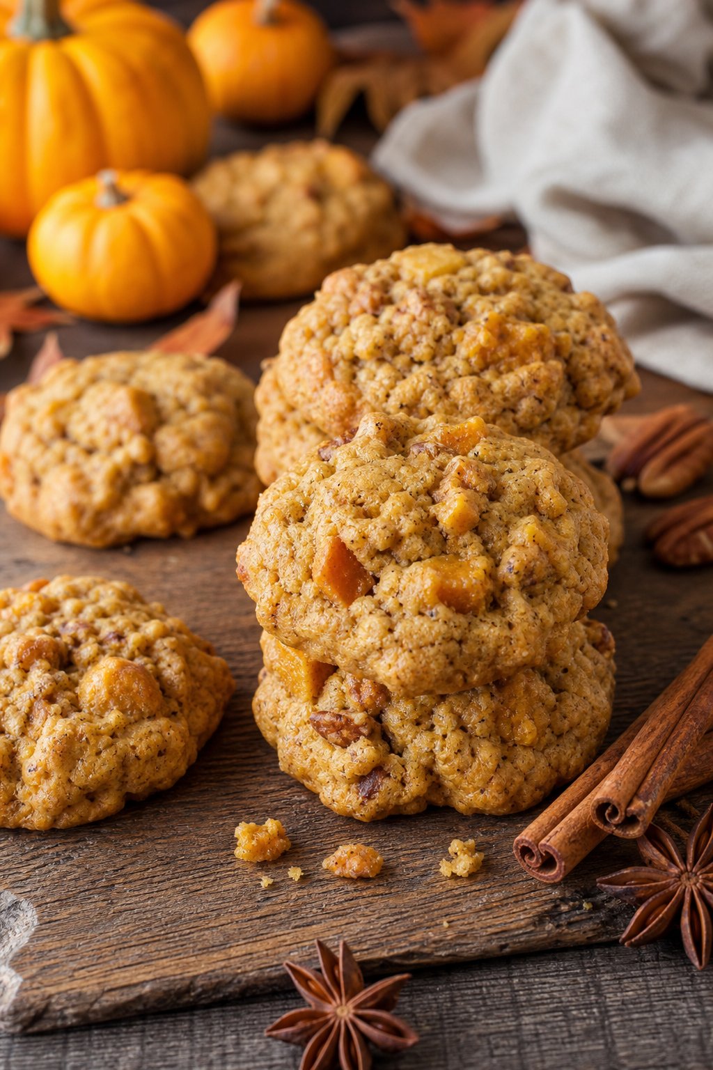 16 Easy Cookie Recipes That Never Disappoint: Simple Treats for Every Occasion 16 Freshly baked pumpkin spice drop cookies arranged on a wooden surface with autumn decorations in the background.