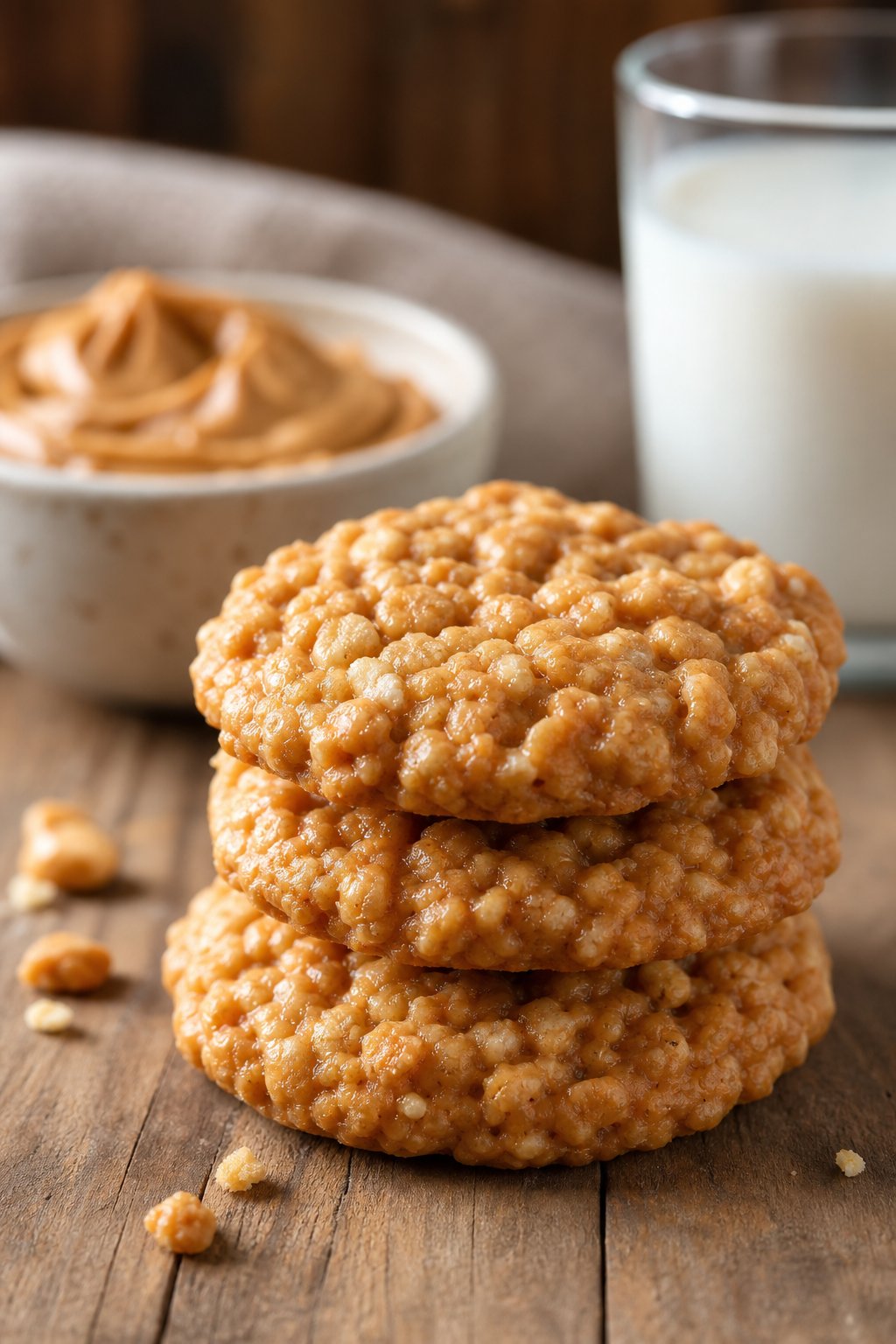 16 Easy Cookie Recipes That Never Disappoint: Simple Treats for Every Occasion 17 Three peanut butter crispies stacked on a wooden surface with a bowl of peanut butter and a glass of milk in the background.
