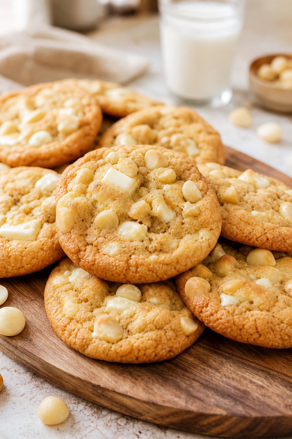 16 Easy Cookie Recipes That Never Disappoint: Simple Treats for Every Occasion 18 Close-up of white chocolate macadamia nut cookies on a wooden board with a glass of milk in the background.