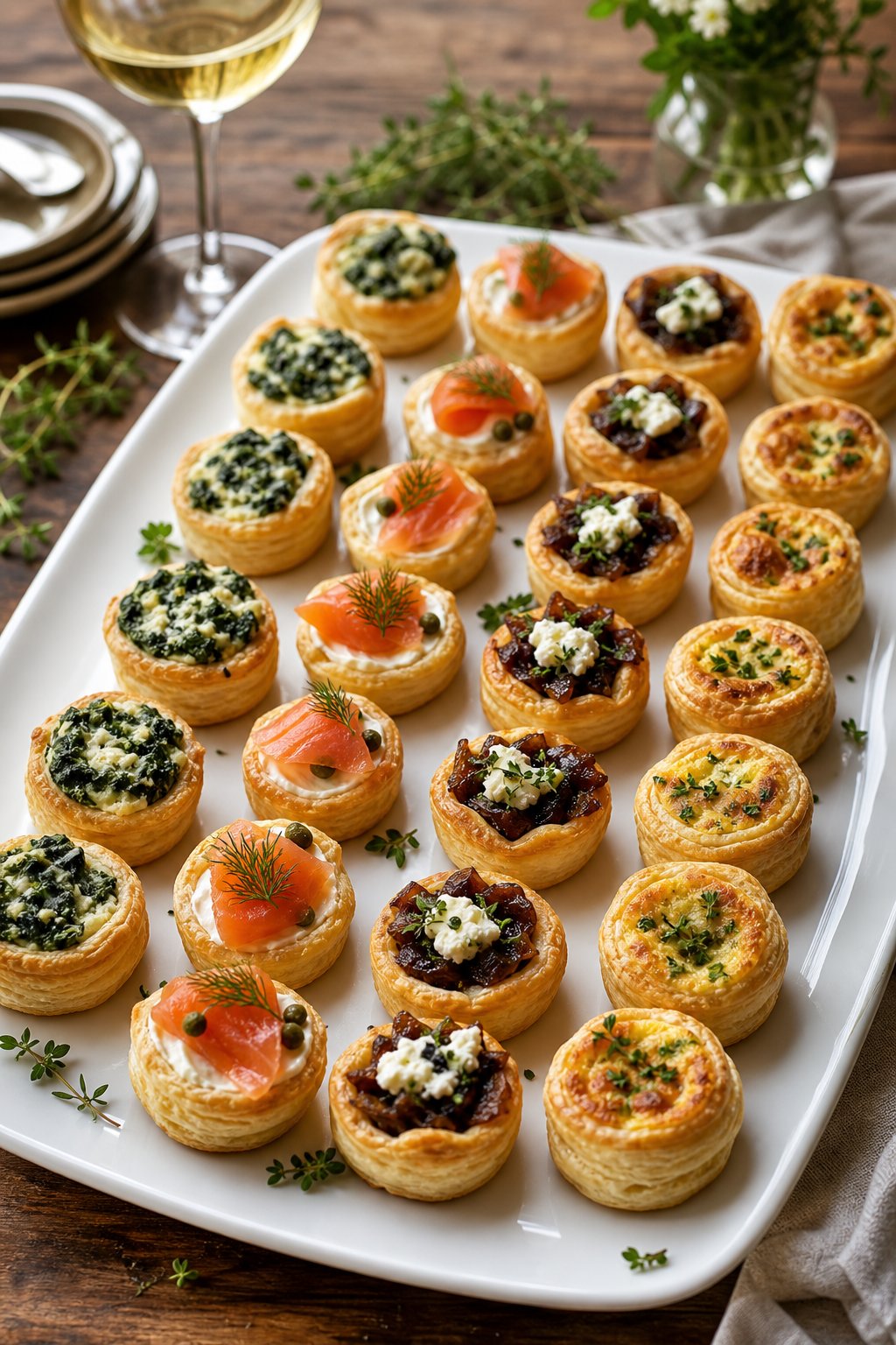A platter with a variety of golden puff pastry appetizers filled with different colorful ingredients on a wooden table.