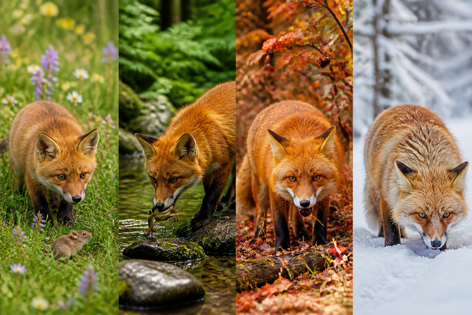 Four scenes showing a red fox feeding in different seasons and life stages: a cub hunting in spring meadow, a young fox by a summer stream, an adult foraging in autumn woods, and an older fox stalking prey in snowy winter.