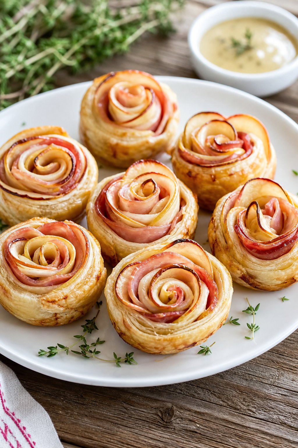Plate of ham and apple puff pastry roses arranged on a wooden table with herbs and a small bowl of sauce in the background.