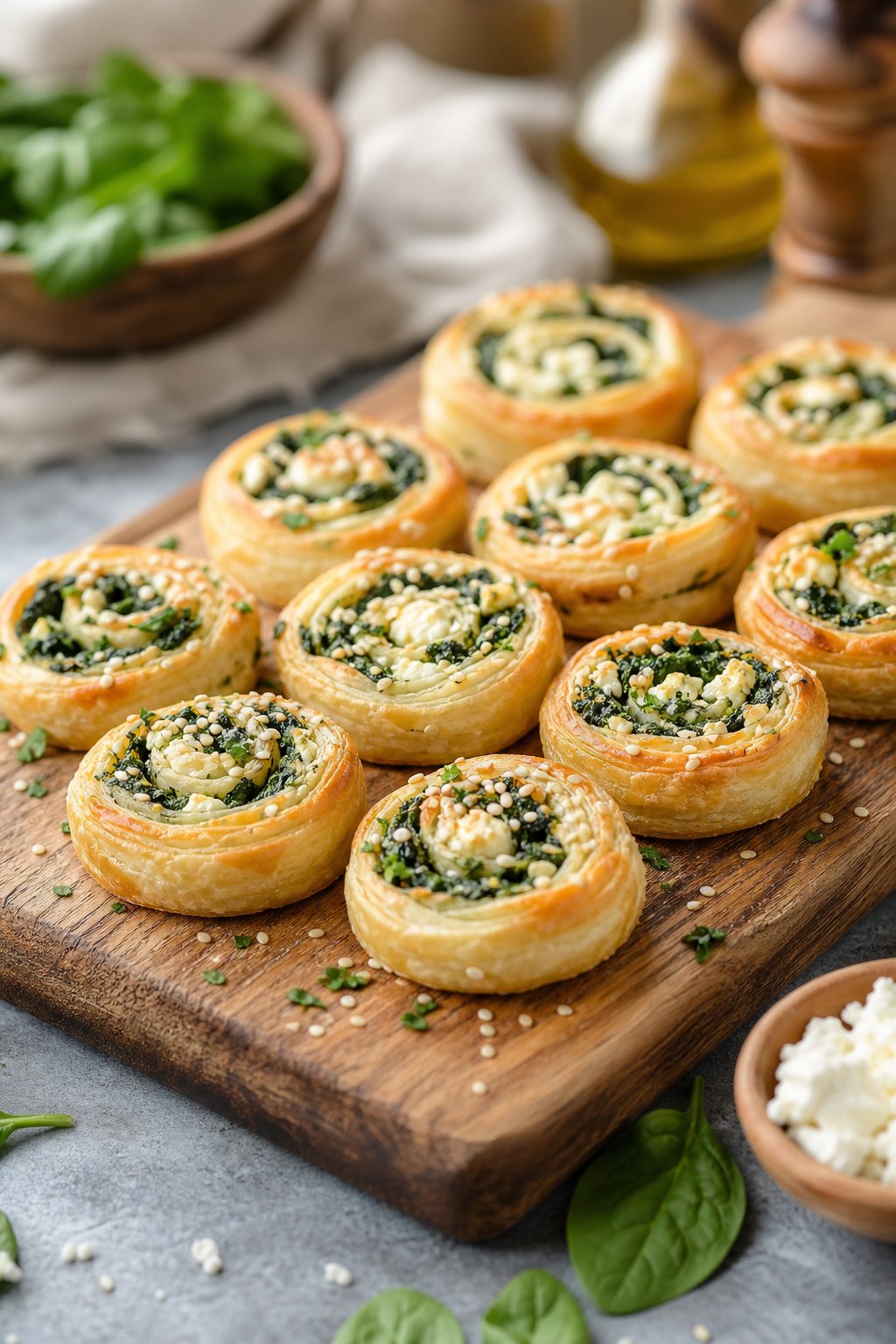 Close-up of golden puff pastry pinwheels filled with spinach and feta cheese arranged on a wooden board.