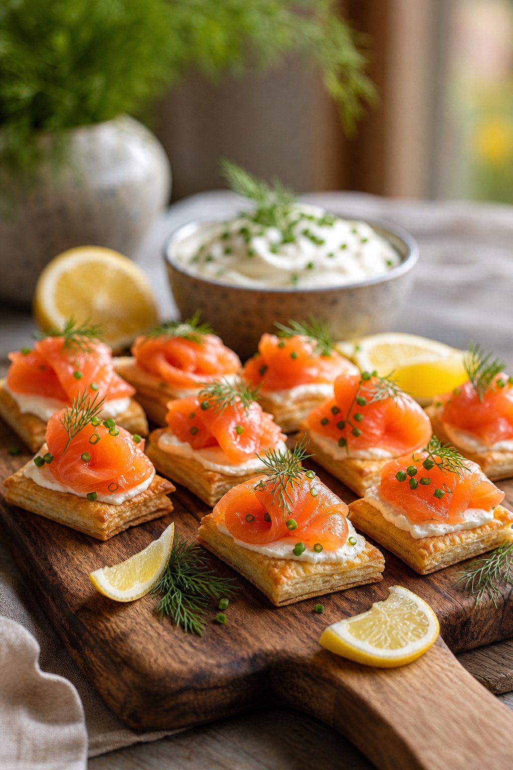 A platter of smoked-salmon cream cheese puff pastry squares garnished with herbs on a wooden board with lemon wedges and a bowl of dip.