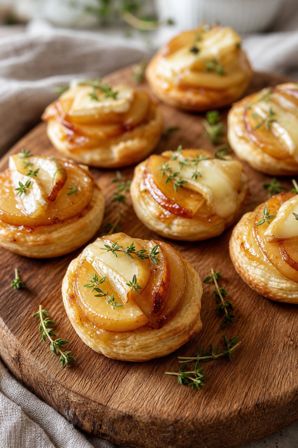 Close-up of bite-sized Brie and apple puff pastry appetizers on a wooden board with herbs around them.