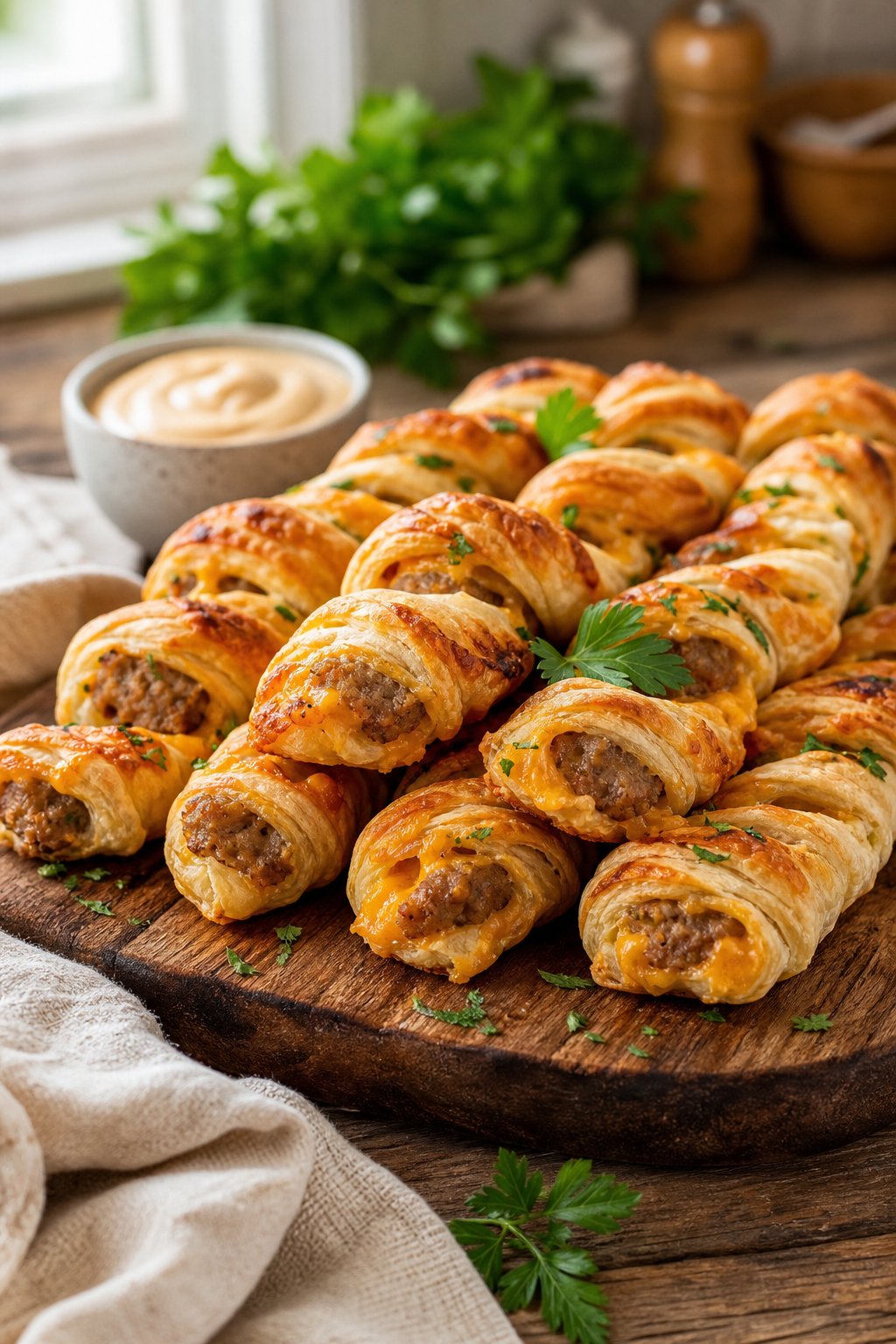 A wooden board with golden sausage and cheddar puff pastry twists, a bowl of dipping sauce, and fresh herbs on a table.