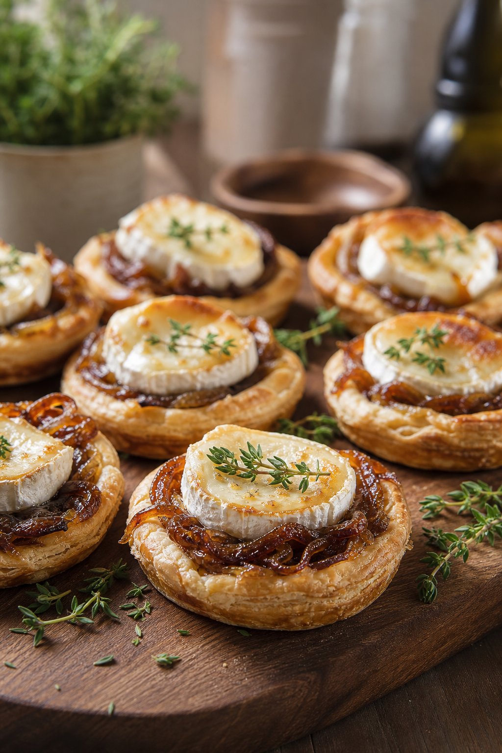 Several caramelized-onion and goat cheese tarts arranged on a wooden board with fresh herbs.