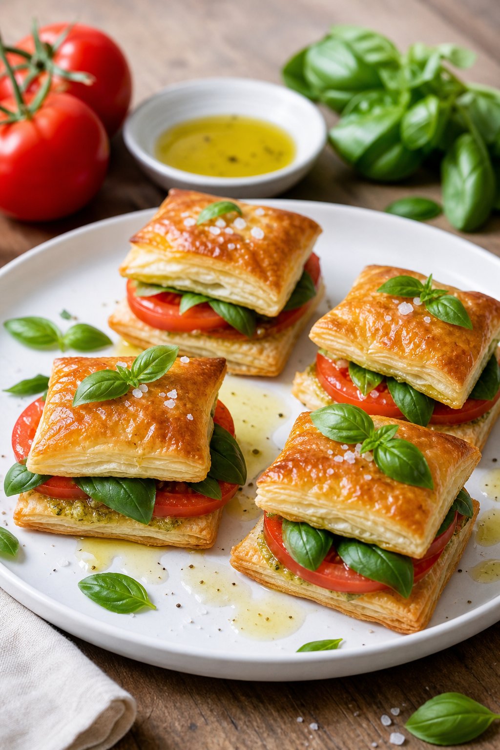 Plate of golden puff pastry squares layered with tomato slices and basil leaves on a wooden table.