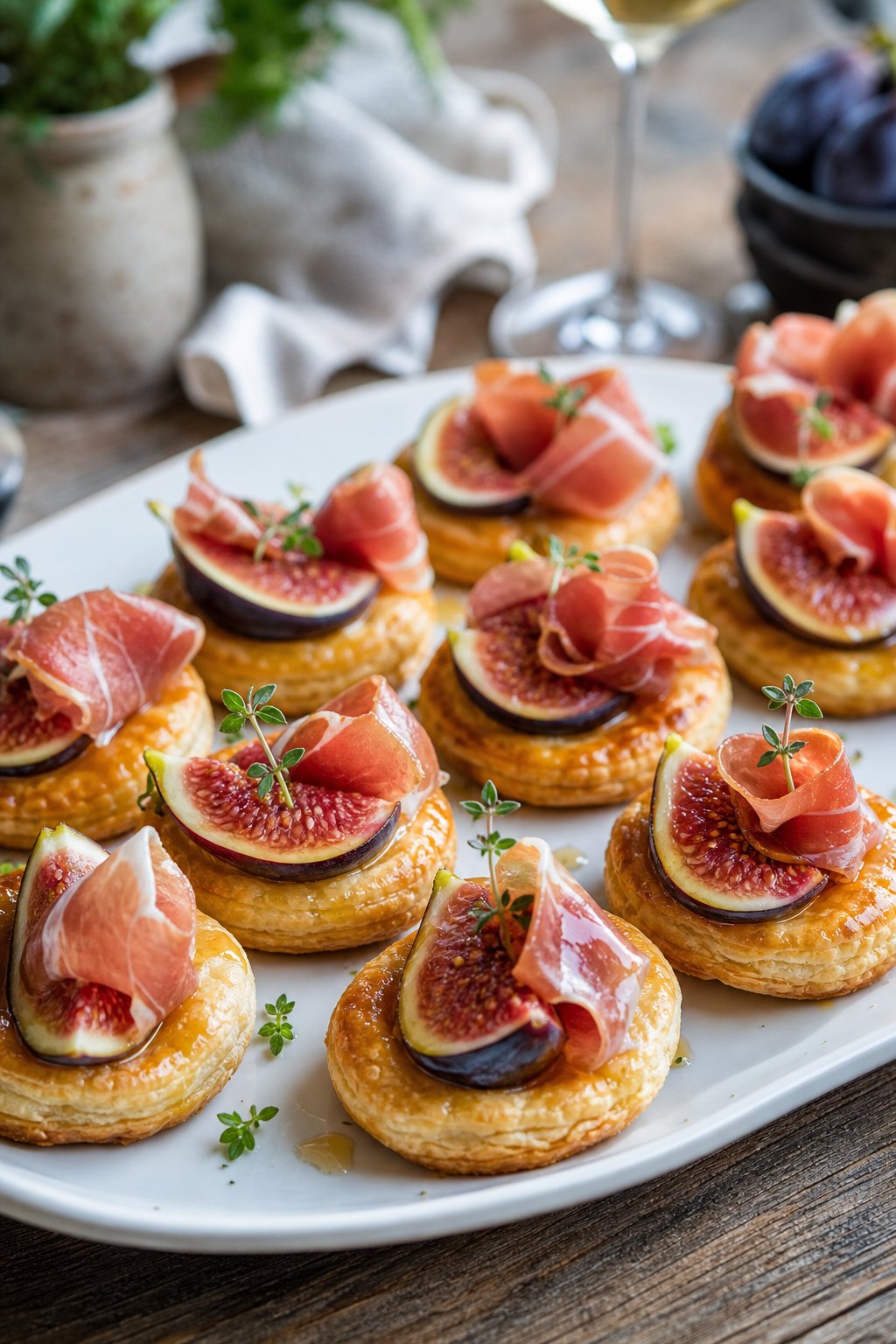 A platter of golden puff pastry rounds topped with slices of fig and prosciutto, garnished with herbs, on a wooden table.