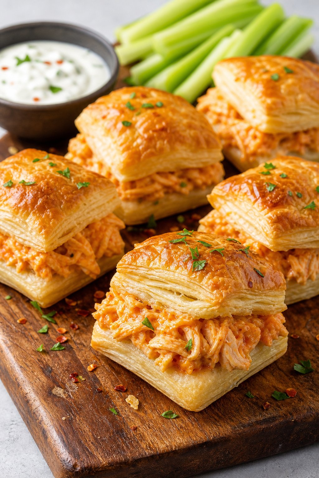 Close-up of buffalo chicken puff pastry sliders on a wooden board with a small bowl of dipping sauce and celery sticks in the background.