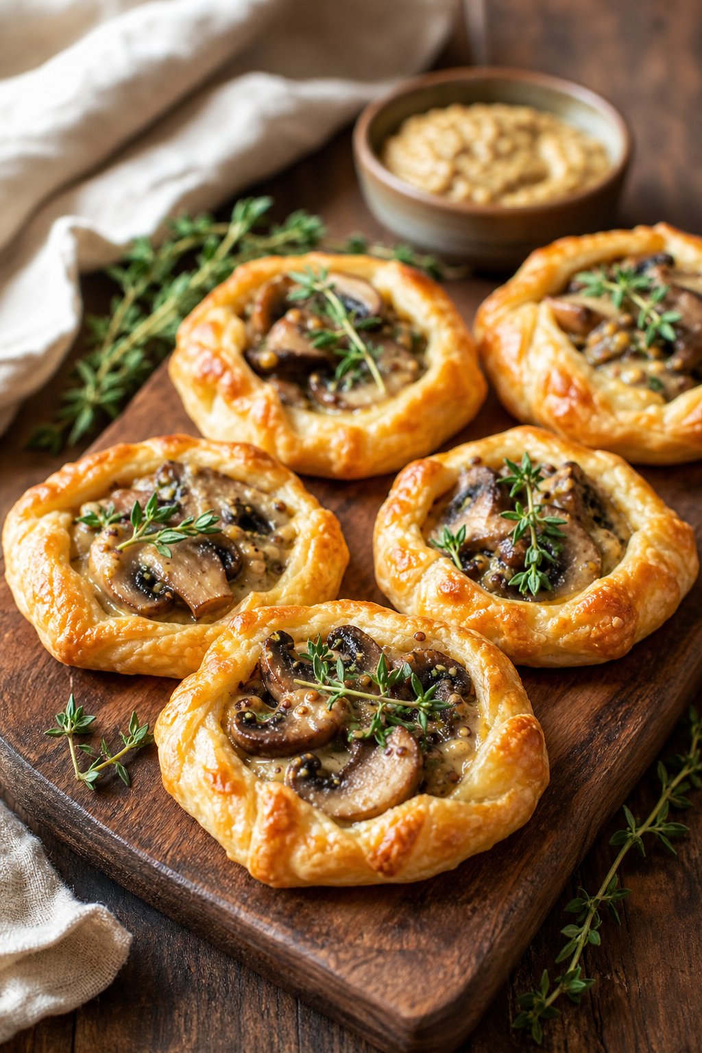 Several small mushroom and Dijon mustard puff pastry appetizers arranged on a wooden board with fresh herbs nearby.