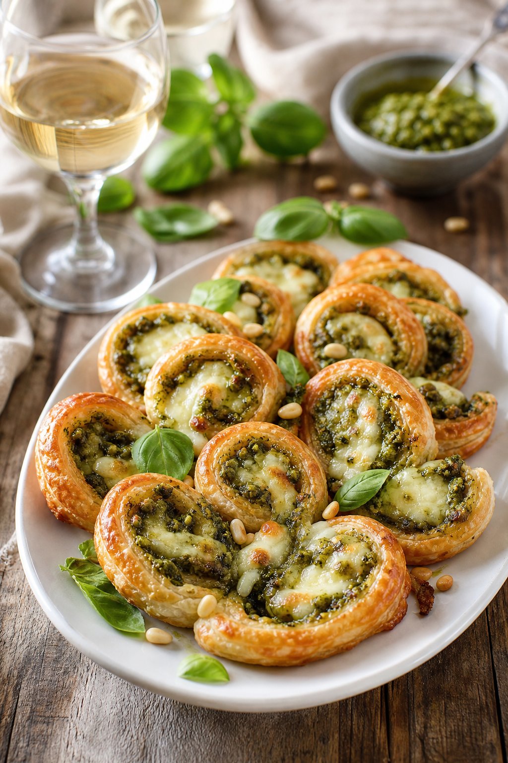 A plate of golden brown pesto-mozzarella palmiers garnished with basil leaves on a wooden table with a bowl of pesto and a glass of white wine in the background.