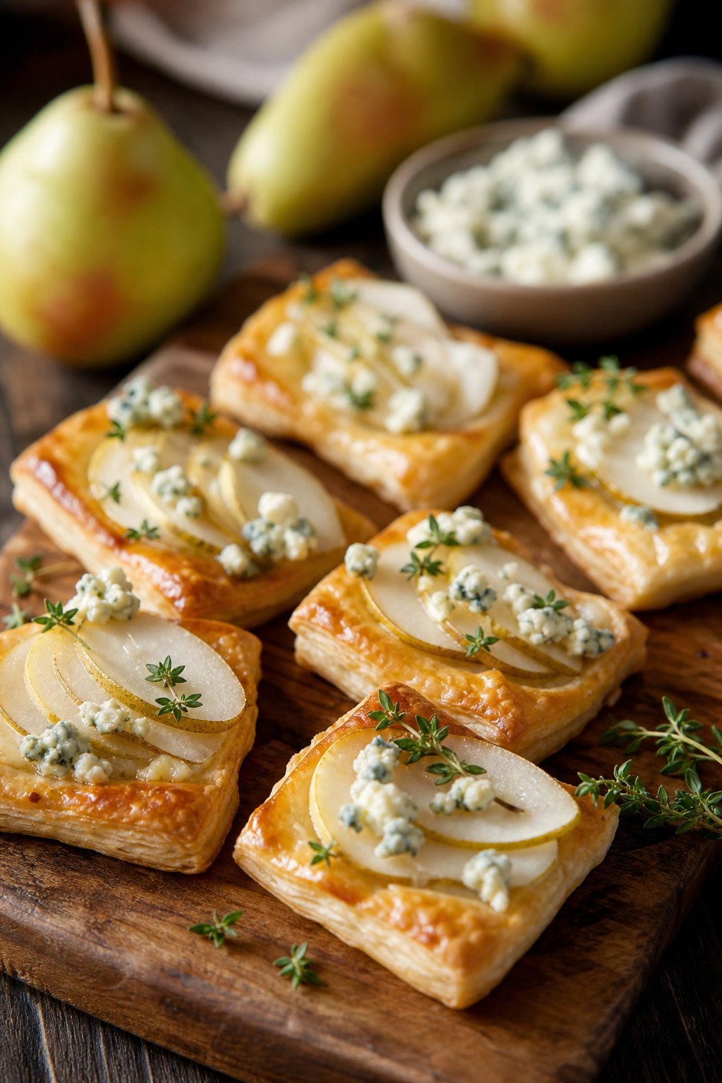 Close-up of pear and gorgonzola puff pastry crostini on a wooden board with fresh herbs.