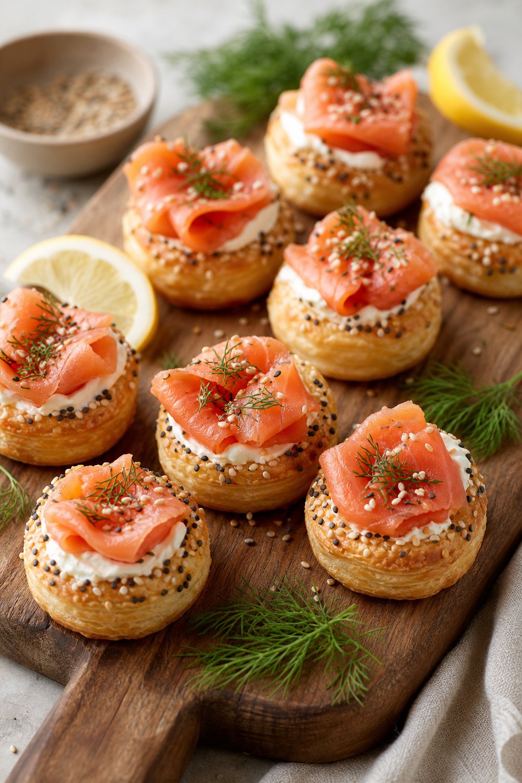 Close-up of bite-sized puff pastry appetizers topped with smoked lox, cream cheese, and fresh herbs arranged on a wooden serving board.